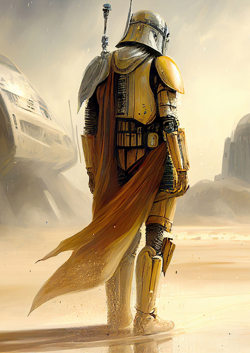 Dramatic artwork of a monk style warrior standing in a desolate landscape with a flowing cape.